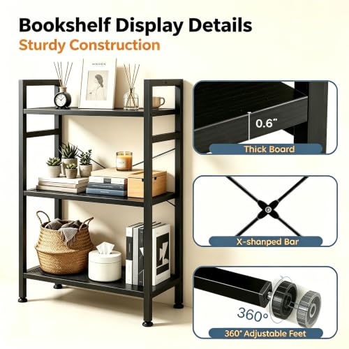 Image of HealSmart 3 Tier Bookshelf, Free Standing Book Shelf Home Office Bookcase Shelf Storage Organizer for Bedroom, Bathroom, Living Room, Office, Balcony, Black
