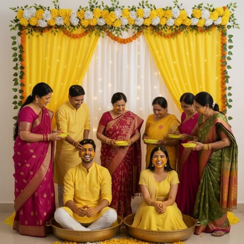 Image of Party Propz Ganpati Decoration Setup For Home - 11pc Yellow Backdrop Cloth For Decorations Pooja with 9m Light, Leaves, Varalakshmi and Janmashtami Backdrop, Haldi Decoration(Satin Mix)(Yellow, White)