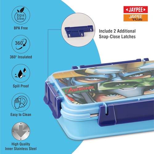 Image of JAYPEE Toon Box 3 Marvel Series Power Avengers Inner Stainless Steel Insulated 3 Cavity Lunch Box for School Kids |Airtight Leakproof Tiffin Box with 2 Additional Lock|100% Food Grade|625 ml, SkyBlue