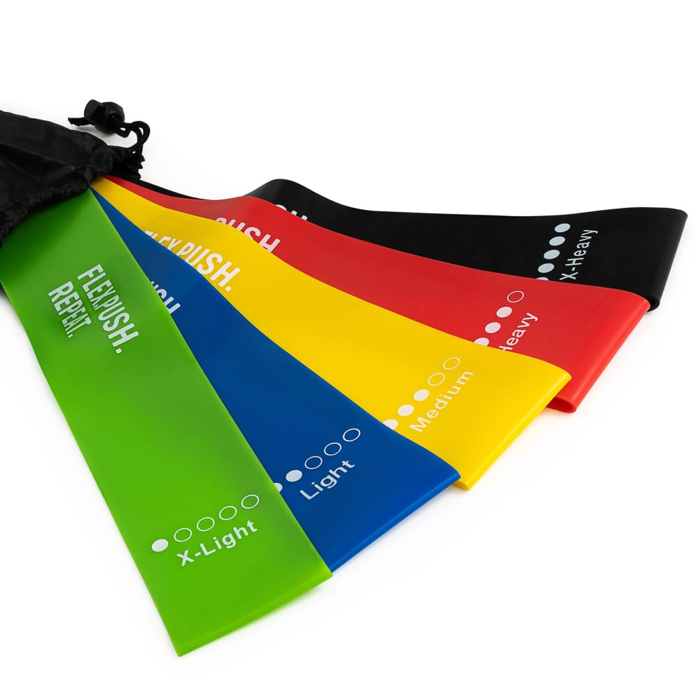 Flex. Push. Repeat. Resistance Bands Set β 5 Natural Latex Exercise Bands with Carry Pouch for Home Gym, Stretching, Strength & Mobility Training