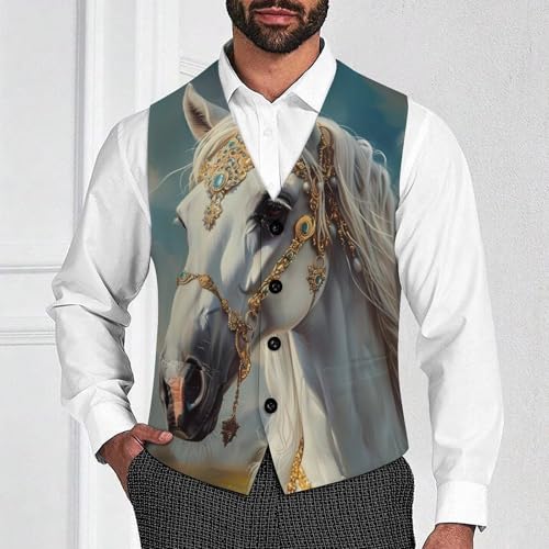 White Horse Wearing Gold Jewelry Novelty Men's Suit Vest Funny Formal Dress Vests Business Waistcoat2