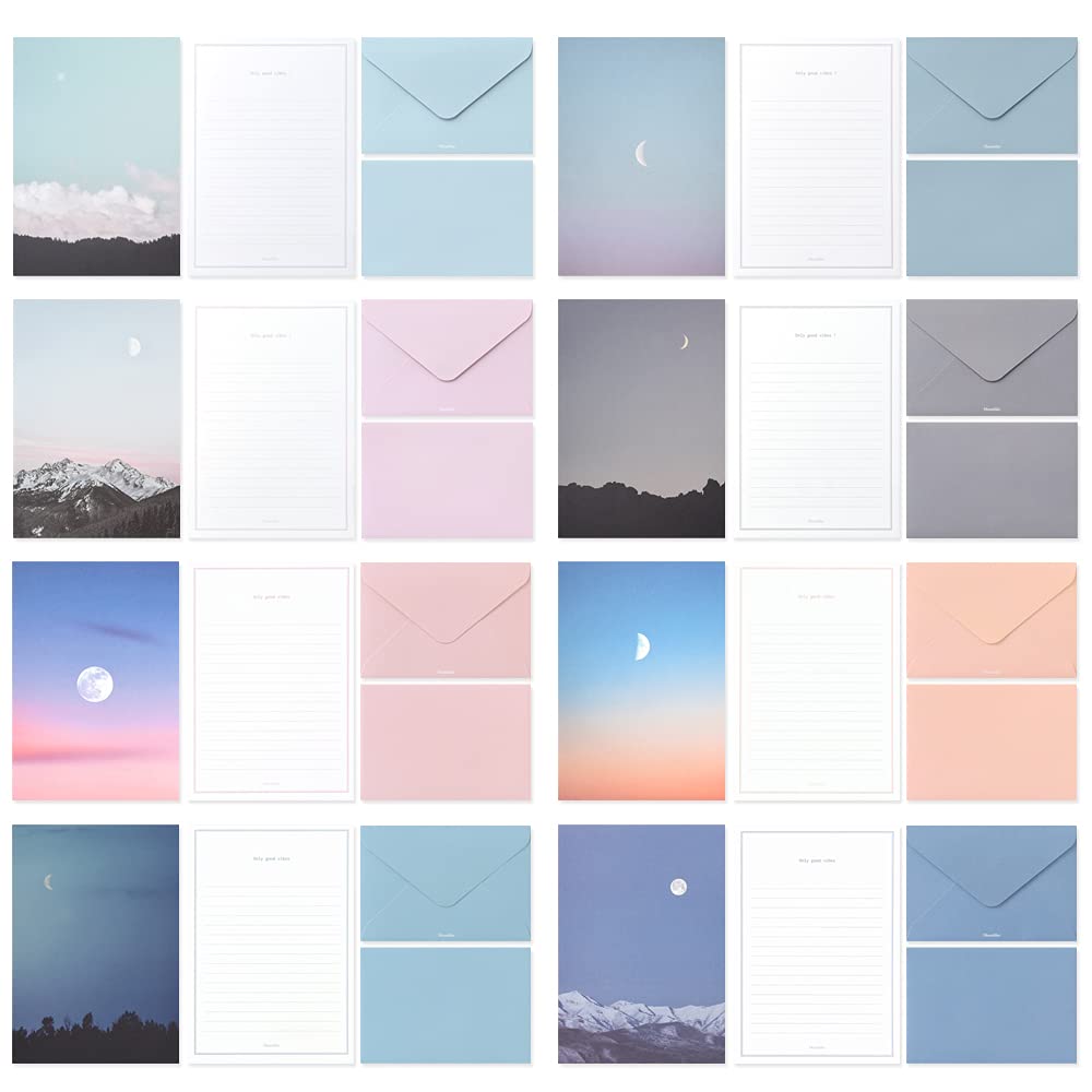 Monolike Foto-, Mond-Briefpapier und Umschläge-Set, 8 Typen, 32 Briefpapier + 16 Umschläge