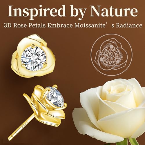 Impalsory Moissanite Rose Stud Earrings, 18K Gold Plated Sterling Silver, Hypoallergenic Floral Jewelry for Women2