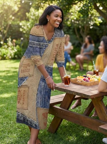 Image of SUZONANA Plus Size Denim Print Maxi Dresses for Women Casual V Neck Short Sleeve with Pockets Soft Jean Look Dress XL-6XL