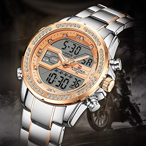 Adaskala NAVIFORCE Quartz Digital Eletrônico Masculino Relógio Dual Time Data Semana Display Backlig