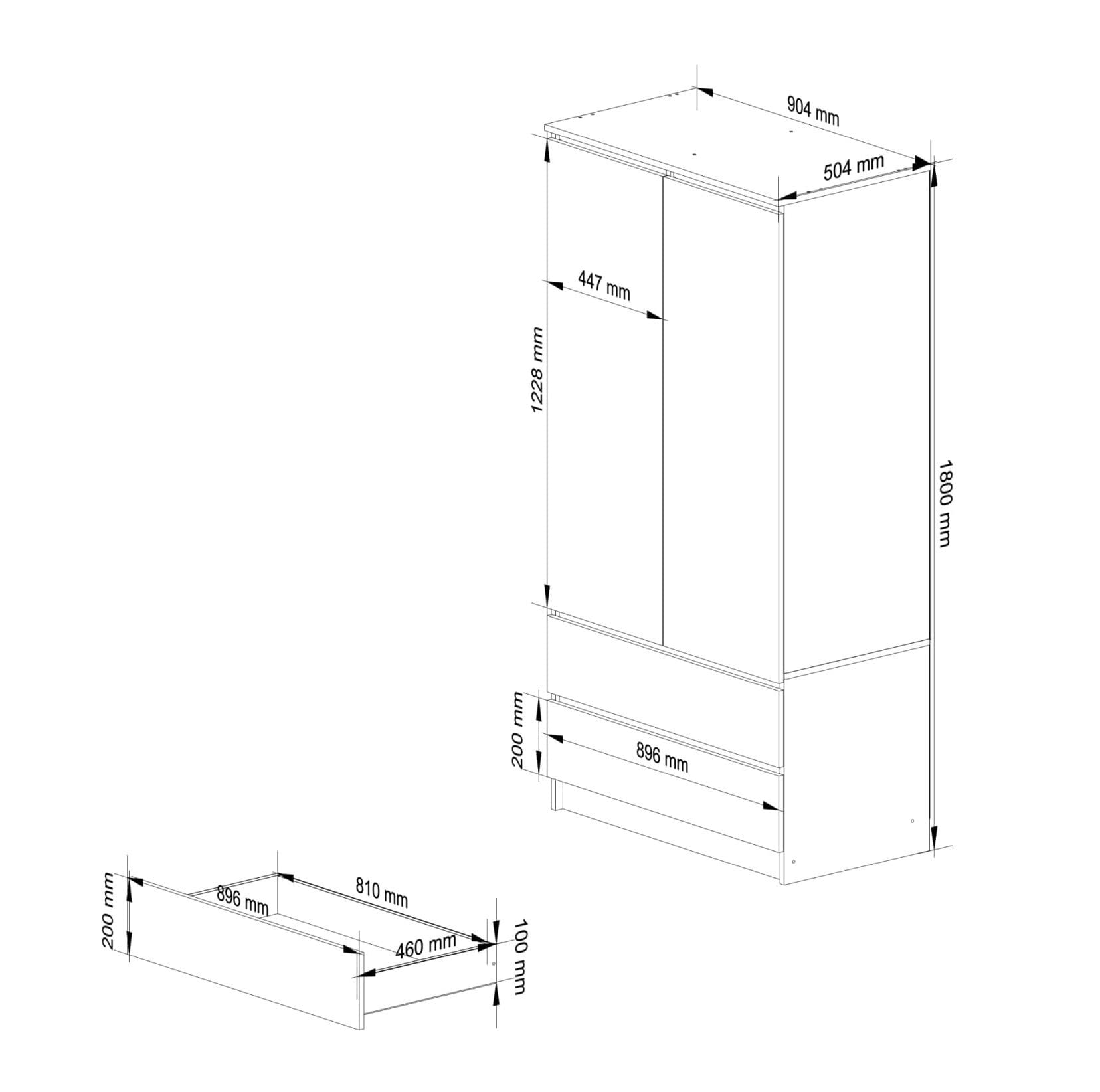 BDW Kledingkast 2 deuren 2 laden 2 spiegels voor de slaapkamer woonkamer hal 180x90x51 (wit - Sonoma-eiken), One Size
