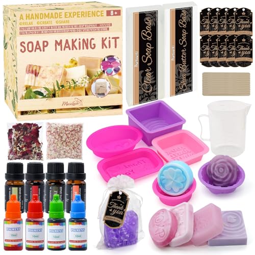 Soap Making Kit for Adults & Kids Melt and Pour Soap Making Supplies with Shea Butter & Clear Base 6 Silicone Molds Colors Fragrances Dried Flowers & Gift Bags DIY Soap Craft Kit for Beginners