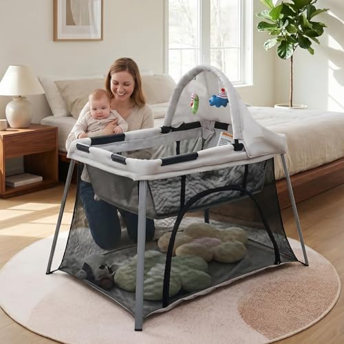 Portable Travel Crib for Baby & Toddler Gentle Monster Lightweight 2 in 1 Baby Travel Pack and Play Bassinet with Mattress and Sunshade Foldable Travel Crib Mini Playpen Playard for Indoor Outdoor
