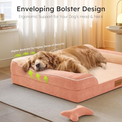 Image of CWAWZ Dog Beds for Large Dogs, Orthopedic Dog Bed with Cooling Gel Memory Foam, Waterproof Large Pet Bed with Removable Washable Cover, 36 inch Pet Sofa Couch Dutch Velvet with Bone Toy, Peach Pink