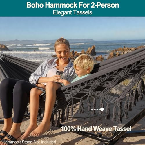Image of JoyView Boho Macrame Double Hammock with Hanging Ropes & Elegant Tassels 86.6x59 Portable Cotton Hammock for Patio Backyard Porch 450LBS Weight Capacity Perfect for Outdoor /Indoor - Dark Grey