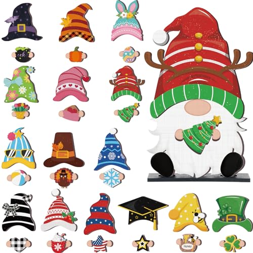 Blulu 32 Pcs Christmas Interchangeable Wooden Gnome Decor DIY Holiday Christmas Seasonal Tiered Tray Decoration Gnomes with Magnet Pieces Welcome Sign for Xmas Holiday Decorations (Cute)