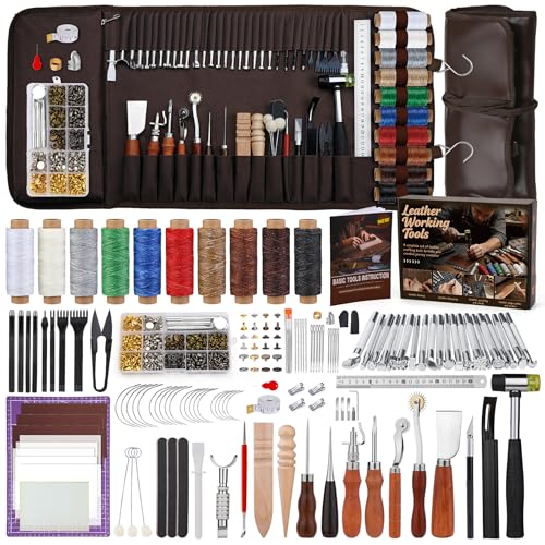 JUAYING Leather Working Kit Leather Craft Kit Leather Working Tools and Supplies with Storage Bag for Sewing Leather Crafting Carving Cutting Stamping Punching Book Binding