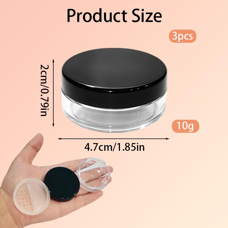 3Pcs 10ml Refillable Black Powder Jars with Sifter Leakproof Lid for Makeup