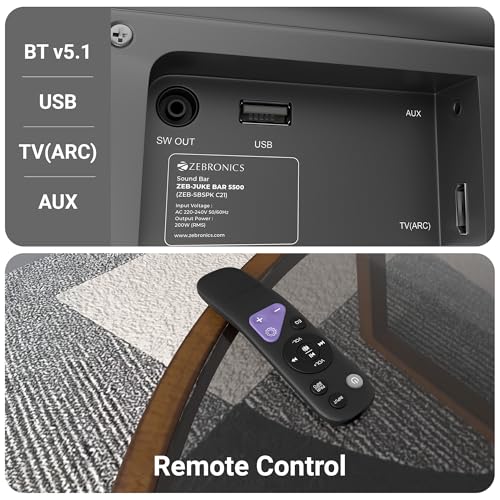 Image of ZEBRONICS 200 Watts Soundbar, Dual Driver Soundbar, Virtual 5.1 Surround, 5.2 inch inch Subwoofer, Bluetooth v5.1 | HDMI (ARC) | USB | AUX, Wall Mountable (JUKE BAR 5500)
