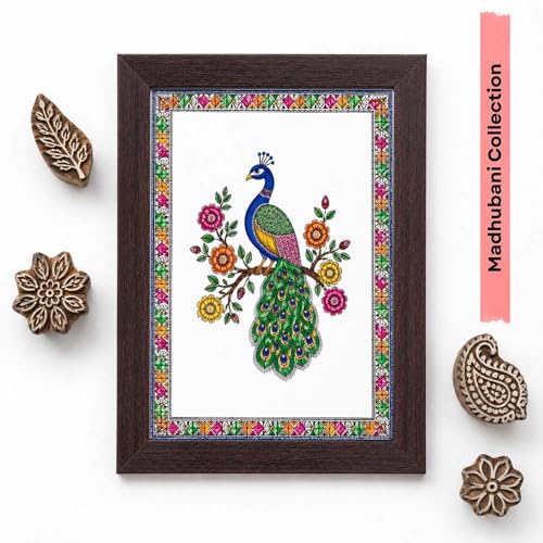 Image of PAPER PAJAMA Peacock Wall Art for Living Room | Madhubani Peacock Bird Painting | Traditional Mithila Folk Art Framed Decor for Home, Bedroom & Office (10x13 Inches)