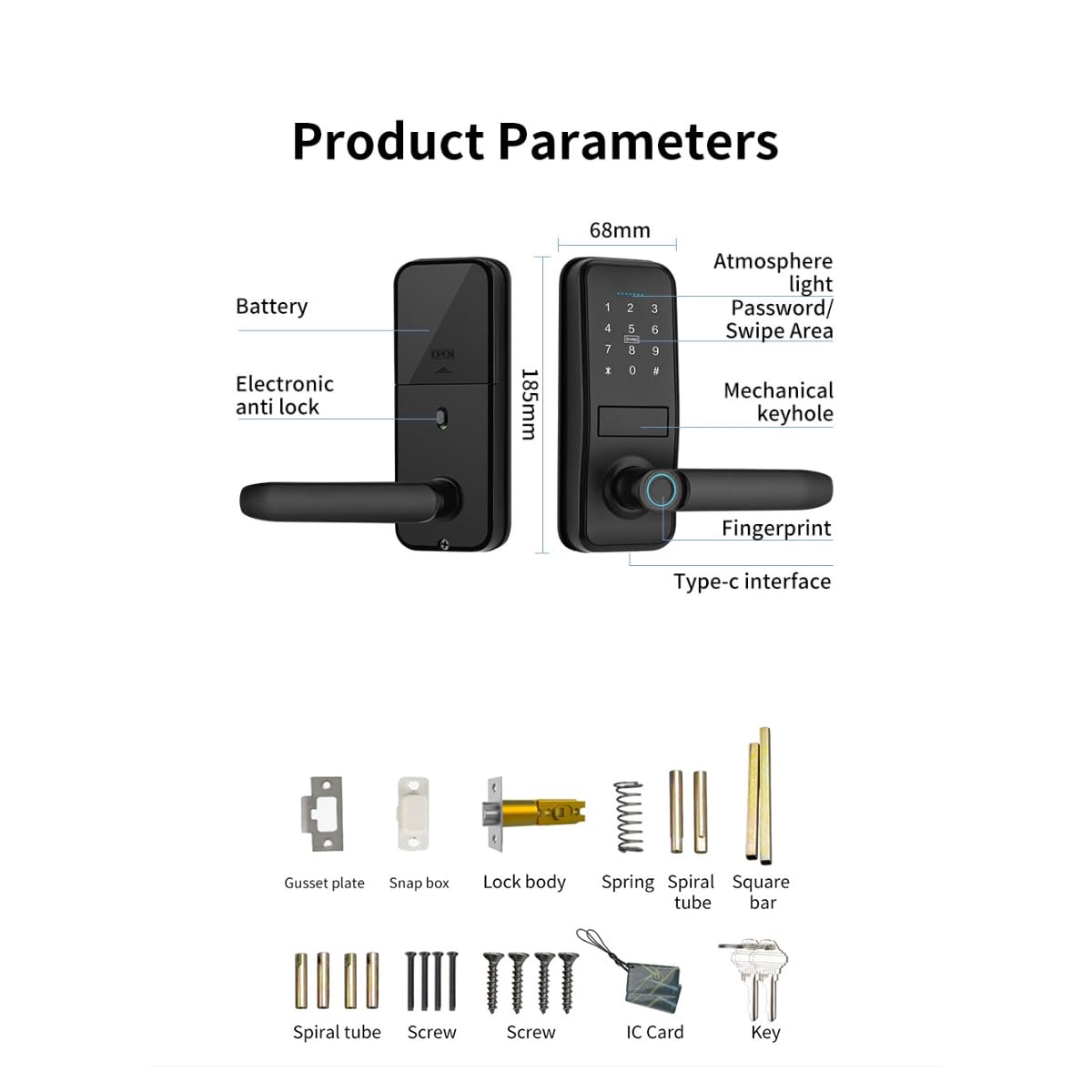 Smart Lock, Keyless Entry with Sleek Matte Black Handle, Electronic Keypad Deadbolt,Fingerprint & Touchscreen Keypad, Biometric Bluetooth Smart Lock for Front Door