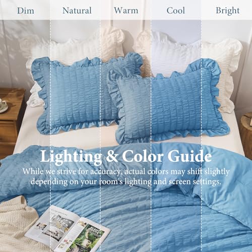 Image of JOLLYVOGUE Twin Size Comforter Set, 2 Pieces Sea Blue Seersucker Lightweight Fluffy Bedding Set, Twin Ruffle Comforter, All Season Soft Microfiber Shabby Chic Bed Set