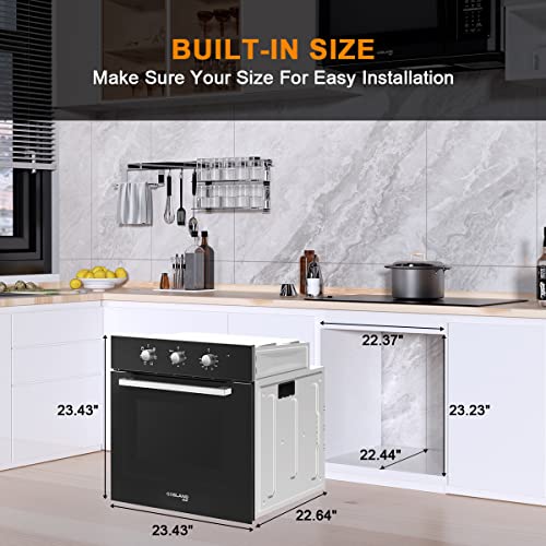 24'' Single Wall Oven, Gasland Chef Es606Mb 24 Inch Built-In Electric Ovens, 240V 2000W 2.3Cu.ft 6 Cooking Functions Of Grill Conventional Timer Etc. Mechanical Knobs Control, Black Glass #TOP6
