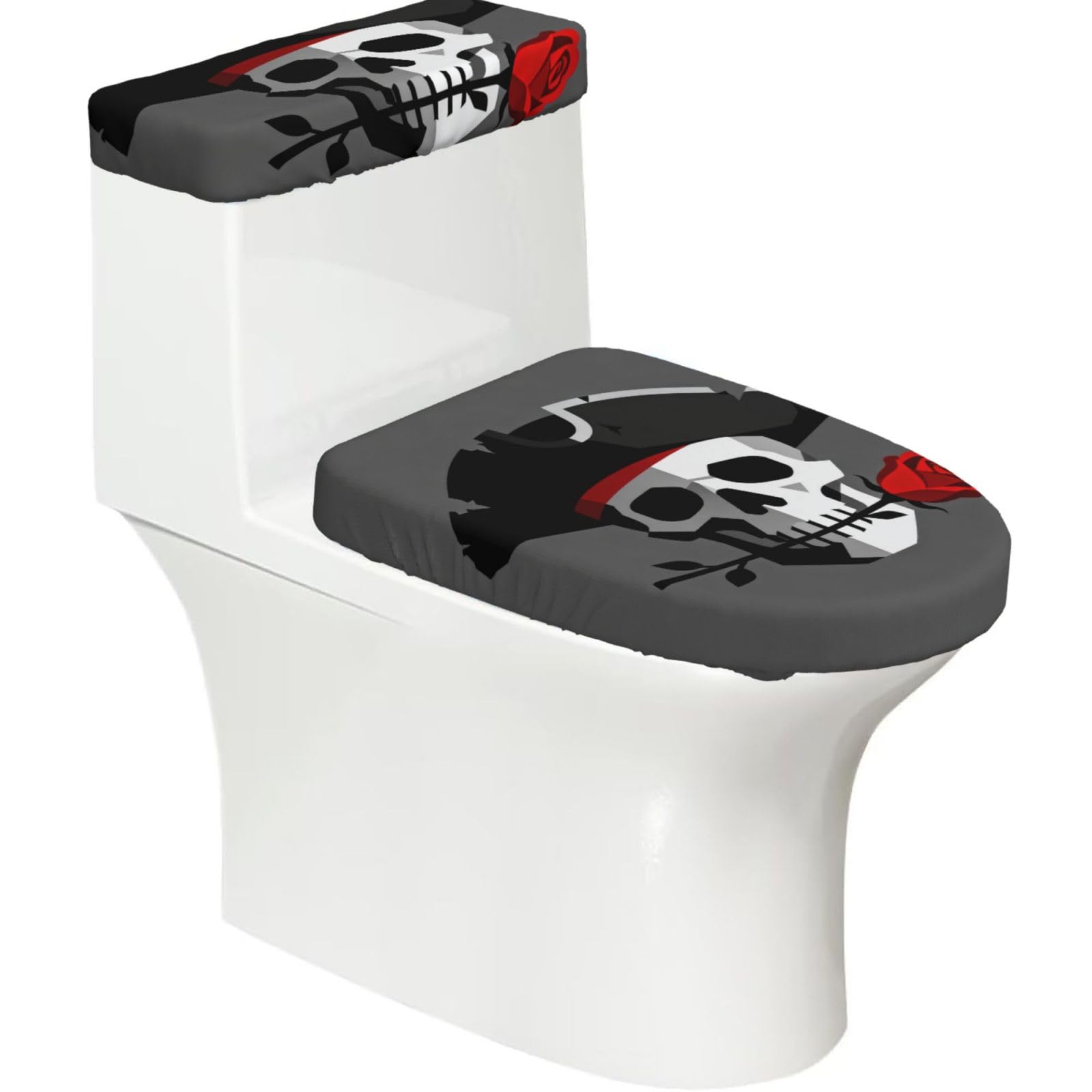Cntdbu Black Skull And Rose Elastic Toilet Cover Set Of 2-Stretchy Lid And Tank Covers For Bathroom, Soft Washable U Shape Toilet Decor