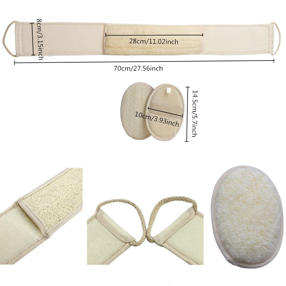 Luffa gąbka do czyszczenia pleców, naturalna gąbka do kąpieli, pasek do kąpieli z gąbką Luffa, peeling do kąpieli, masaż i pielęgnacja ciała, pas do masażu dla mężczyzn i kobiet, 2 sztuki
