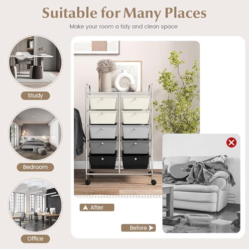 Image of LDAILY 10 Drawer Rolling Cart, Storage Cart Organizer on Wheels, Drawer Cart with Metal Frame & Large Storage Capacity, Rolling Cart with Drawers for Living Room Classroom, Office