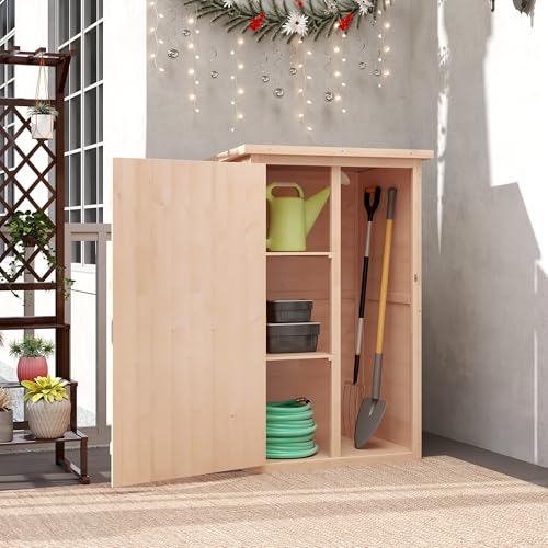 Outsunny Gartenschrank Holz, Geräteschuppen wetterfest 75x56x115cm, Gerätehaus mit Tür, Böden, Geräteschrank, Gartenhaus Werkzeugschrank Gartenschuppen für Garten, Terrasse, Hinterhof, Rasen, Natur