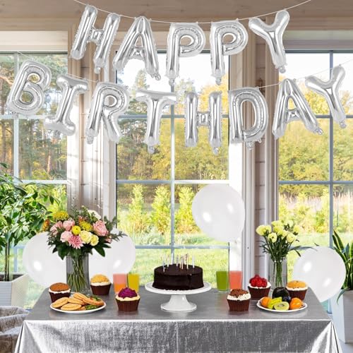 Image of 65 Pcs Silver Happy Birthday Balloons, 2 Sets A-Z Silver Letters Foil Balloons, 16 Inch Personalized Name Happy Birthday Banners for Wedding Baby Shower Anniversary Party Decorations