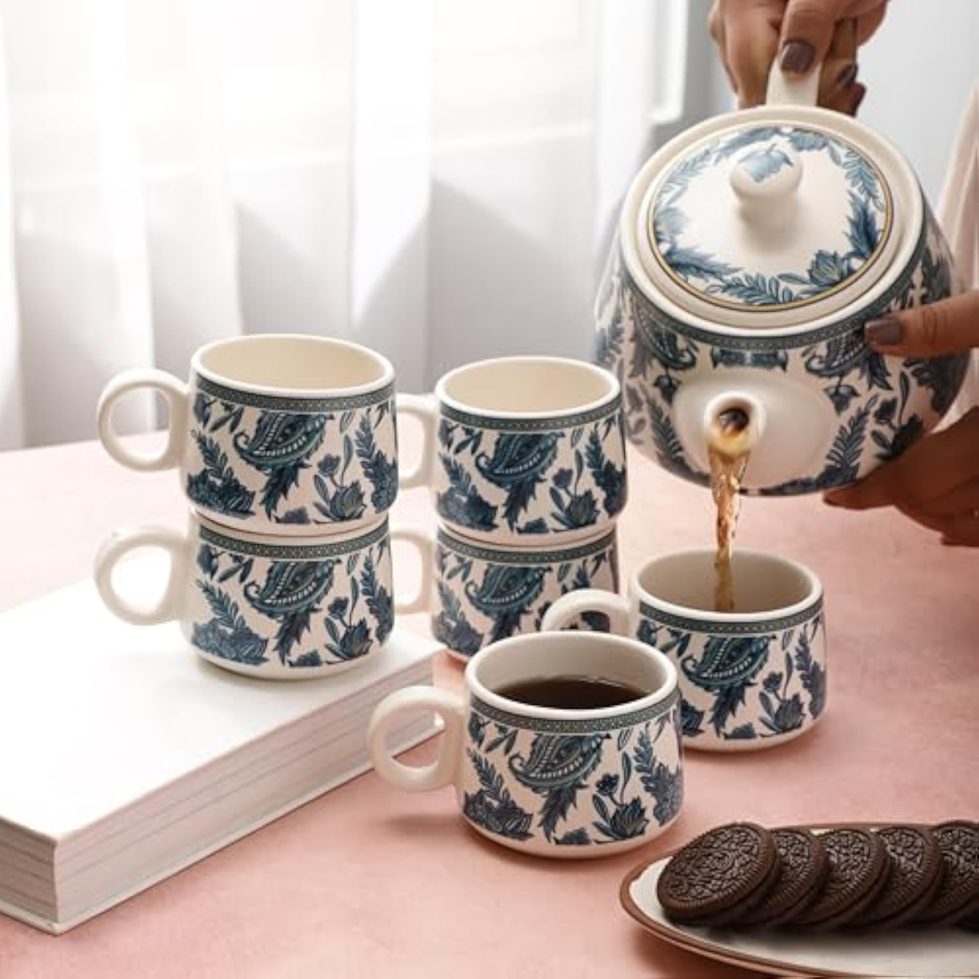 Handmade Ceramic Tea Set with 6 Cups & 1 Kettle