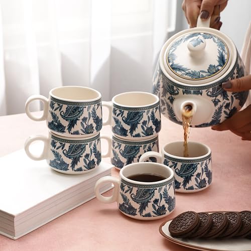Image of miah decor Handcrafted Ceramic Morning Tea Set - 6 Tea Cups & 1 Kettle | White & Blue Print | Microwave & Dishwasher Safe | Elegant Tea Set for Home, Office & Gifting