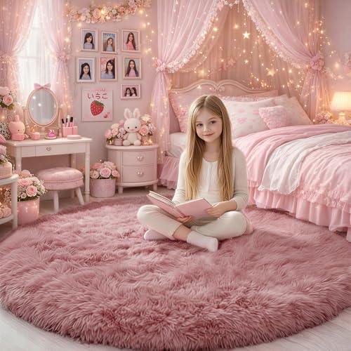 Blush Round Rug 6Ft for Bedroom, Fluffy Fuzzy Plush Circle