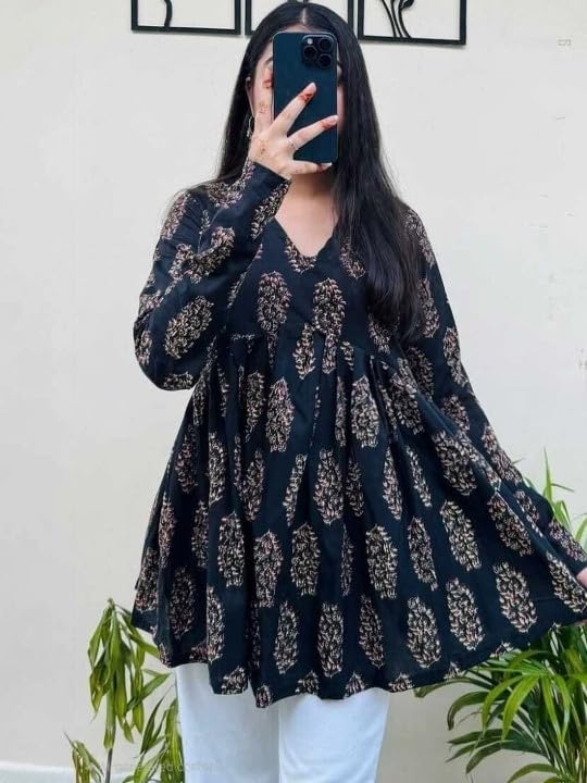 Image of Women's V Neck Short Kurti for Women | Floral Printed Cotton Blend Kurti | Full Sleeve Flared Tunic Top | Casual Ethnic Kurta Top for Women | Stylish Kurti with Jeans