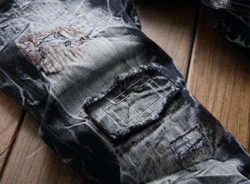 Men's Patchwork Ripped Jeans (No Belt) Personalized High Street Hip Hop Denim Pants3