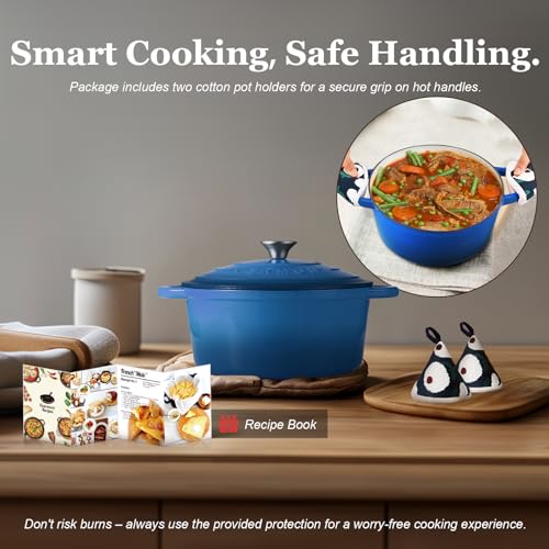 Image of Overmont Enameled Cast Iron Dutch Oven - 4.5QT Pot with Lid Cookbook & Cotton Potholders - Heavy-Duty Cookware for Braising, Stews, Roasting, Sourdough Baking blue