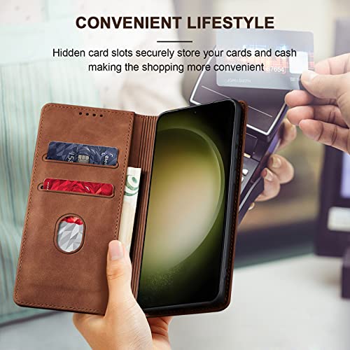 Image of Jasonyu Flip Wallet Case for Samsung Galaxy S23 5G,Leather Magnetic Folio Cover with Card Holder,Kickstand - TPU Shockproof Durable Protective Phone Case,Brown