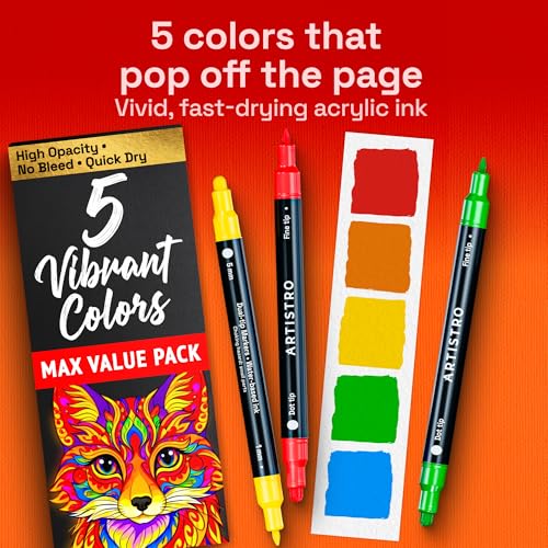 Image of ARTISTRO 5 Precision Dual-Tip Acrylic Paint Markers - Paint Pens Set with Dot & Fine Tips for Fabric, Rock, Glass, Wood, Coloring Books - Arts & Crafts Gift - Classroom Must Haves & School Supplies