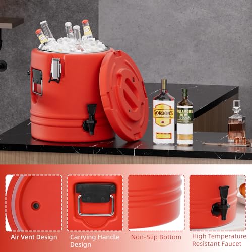 Image of Insulated Beverage Dispenser - 5.3 Gallons, 304 Stainless Steel Insulated Soup Carrier Hot and Cold Insulated Bucket with Faucet Portable for Kitchen Restaurants Parties - Red Insulated Bucket