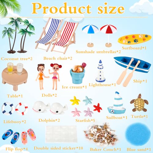 Amzeeniu Strand-Mikrolandschaft 42 Stück Mini-Stranddekorationen Miniliegestuhl Kleine Palme Deko Muscheln Deko Schildkröte Deko für DIY Zen Garten Dekoration Einzigartiges Geschenk Surfbrett deko