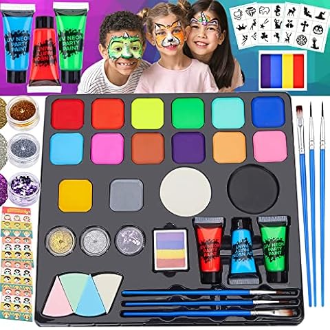 Lubibi Face Paint Kit For Kids Adults, 23 Colors Professional Non-Toxic Washable Face Body Paint Kit With Glitters, Stencils, Brushes, Sponges, Booklet, For Halloween Christmas Birthday Theme Party Cover