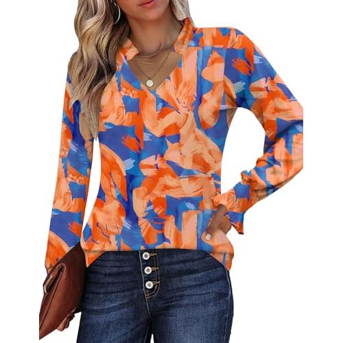 Kistore Long Sleeve Shirts for Women Pleated Cuffs Dressy Business Casual Blouses 2025 Trendy Puff V Neck Tunic Tops Small B Blue Orange Floral