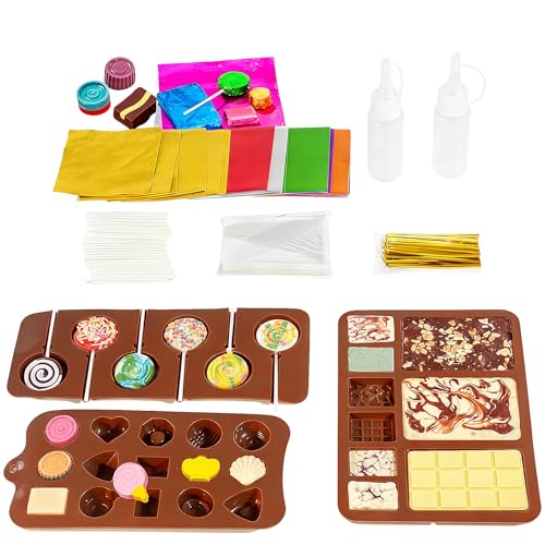 Chocolate Maker Kit Chocolate Lollipop Making Kit with Chocolate Moulds Silicone Pop Sticks and Wrappers Cake Pop Maker Kit to Make Yummy Choco Bars and Lollies