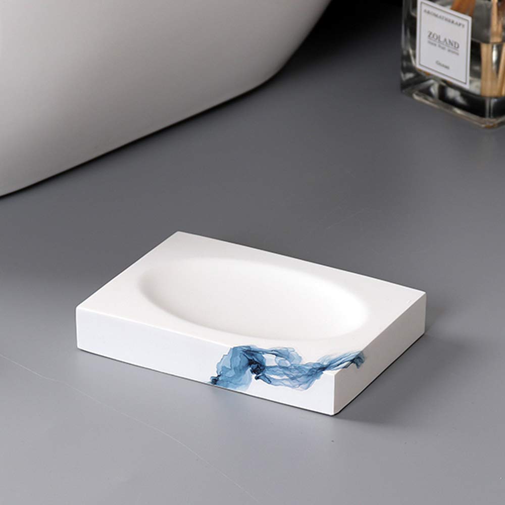 Estilo Antiguo Juego de Accesorios de Baño de Resina Conjunto de Baño con Porta Cepillo de Dientes, 2 Tazas, Dispensador de Jabón Líquido, Jabonera, Azul Impreso,Without Tray