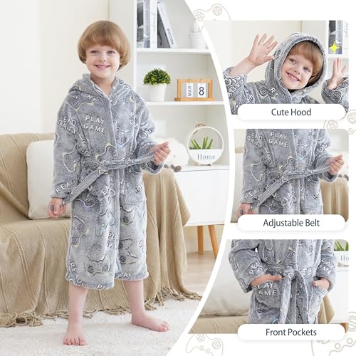 Boys Bathrobe Gift Glow in The Dark Kids Robes for Boys, Soft Fleece Hooded Toddler Boy Robe 3-14 Years2