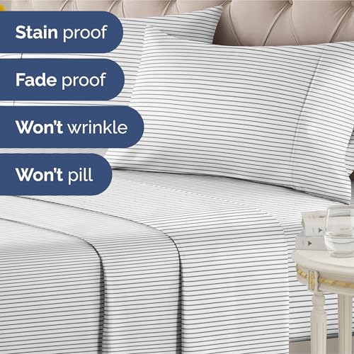 Image of Cal King 4 Piece Striped Sheet Set - Breathable & Cooling - Fine Lines