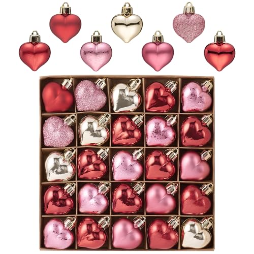 Valery Madelyn 25Pcs Valentines Heart Shaped Ornaments Gift Pack, Craft Christmas Tree Decorations, Pink Red Gold Heart Shaped Xmas Baubles Hanging Party Wedding Decor