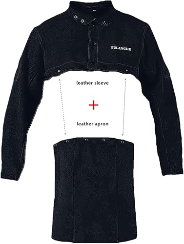 Miniatura 2 de Chaqueta de soldadura de cuero, resistente al fuego, delantal de soldadura resistente con manga, puños ajustables, cuello ajustable Marrón,Negro