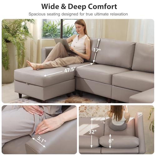 Image of ABCASA Oversized Modular Sectional Sofa, 118.5 inch Faux Leather 6 Seater U Shaped Couch with Movable Ottoman and Storage Seat with Reversible Chaise Deep Seat for Living Room Whitesand