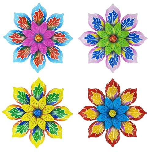GENHAOTHREE Vibrant Metal Flower Wall Art Decor Set of 4-5.9 Inch Colorful Rustic Floral Sculptures for Indoor & Outdoor, Garden, Patio, Living Room - Ready to Hang Wall Decor Gift