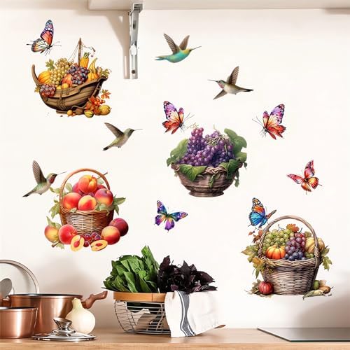 Colorful Fruits Basket Butterfly Hummingbirds Wall Stickers, sacinora Grapes Peaches