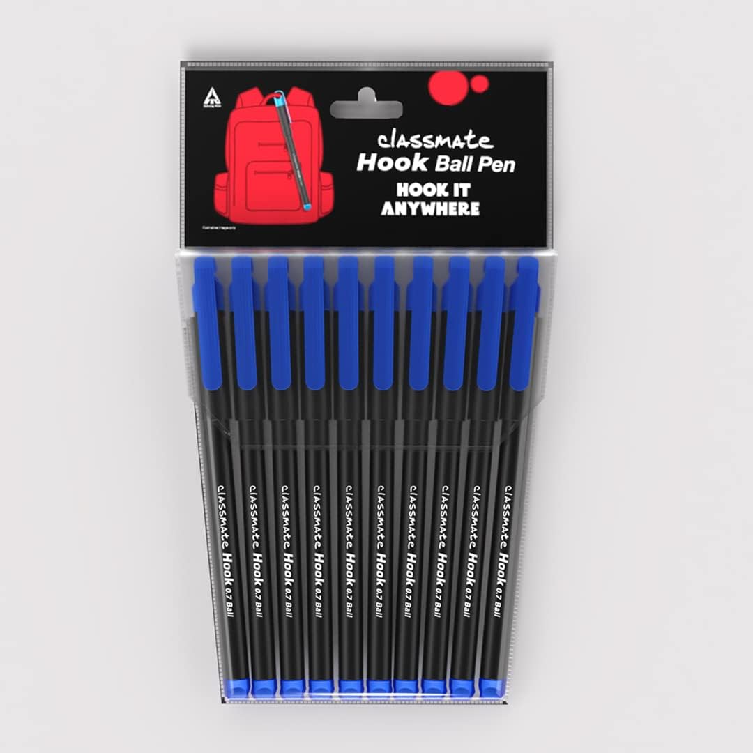 Hook- Blue Ball Pens (Pack of 10)|Smooth & Fast Writing Ball Pens|Unique Griper for Writing Comfort|Attractive Body Design for Boys & Girls|School & Office Stationery