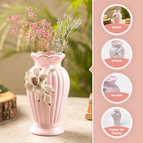 Image of MARKET 99 Light Pink Ceramic Curvy Vase with Engraved Floral Pattern | Decorative Flower Holder for Fresh & Artificial Flowers | Aesthetic Tabletop Vase for Home Decor, Living Room, Bedroom, & Office